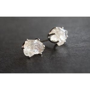 Sterling silver stud earrings, alternative diamond, uncut natural gemsto…